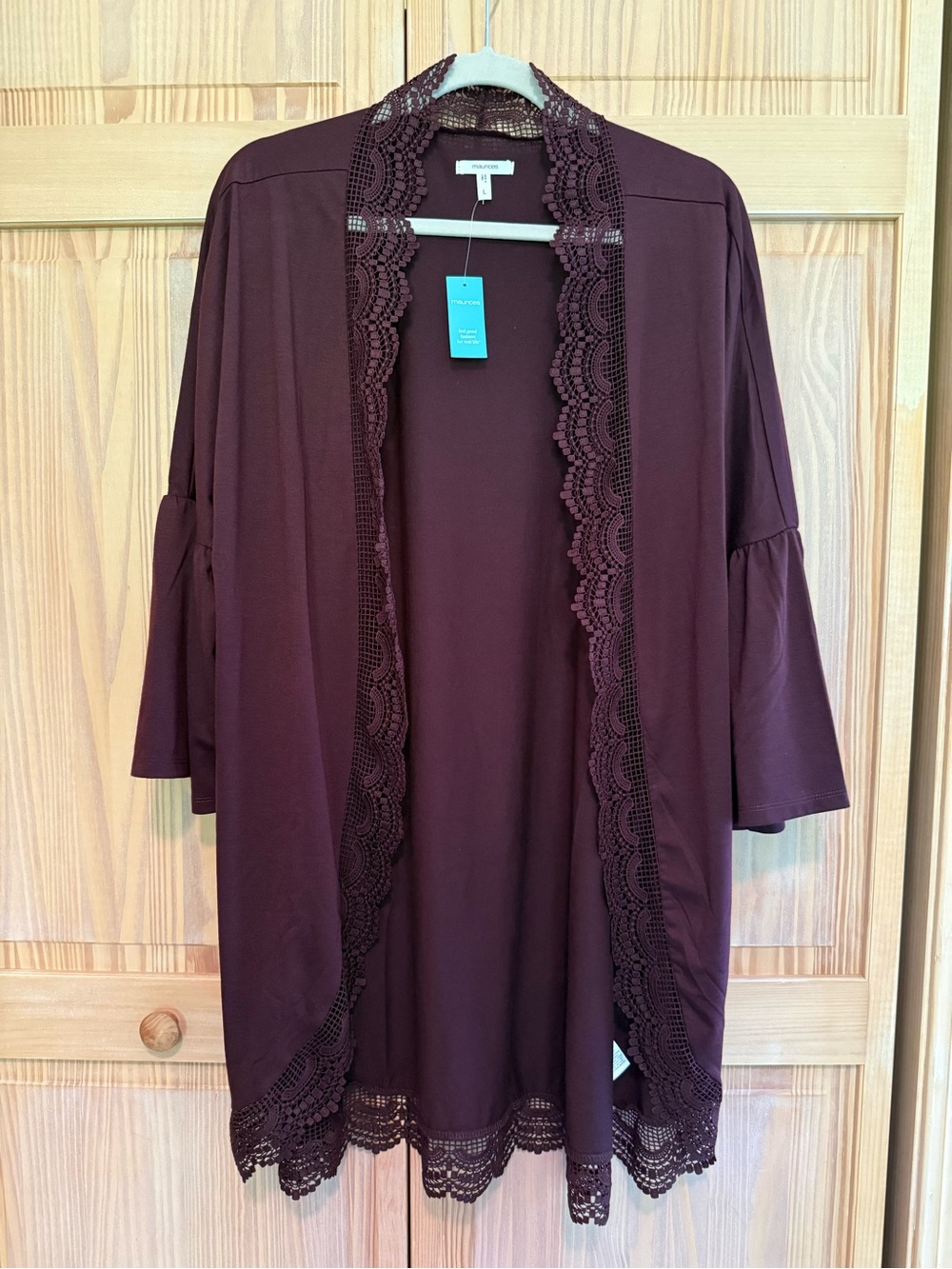 NWT Maurices Lace-Trim Open Front Cardigan - Plum